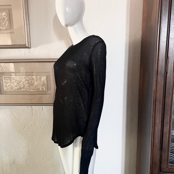 J Brand Sheer Black Long Sleeve Round Neck Top with Shirtail Hem - Medium - Picture 6 of 12